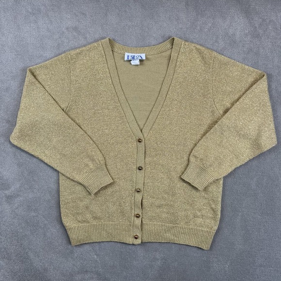 BFA Classics Size M Gold Metallic Lurex V-Neck Cardigan Vintage Y2K Glam Sweater — photo 2